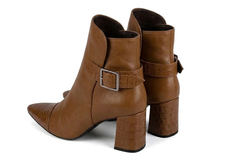 Women's cognac back-buckle ankle boots with almond toe and mid flared heel - Rear view